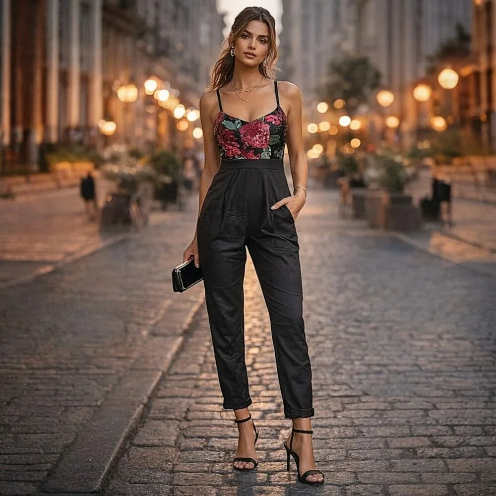 🌺 Mustard Seed Sequin Floral Cut-Out Back Tapered Pants Jumpsuit Evening Party - Picture 3 of 9